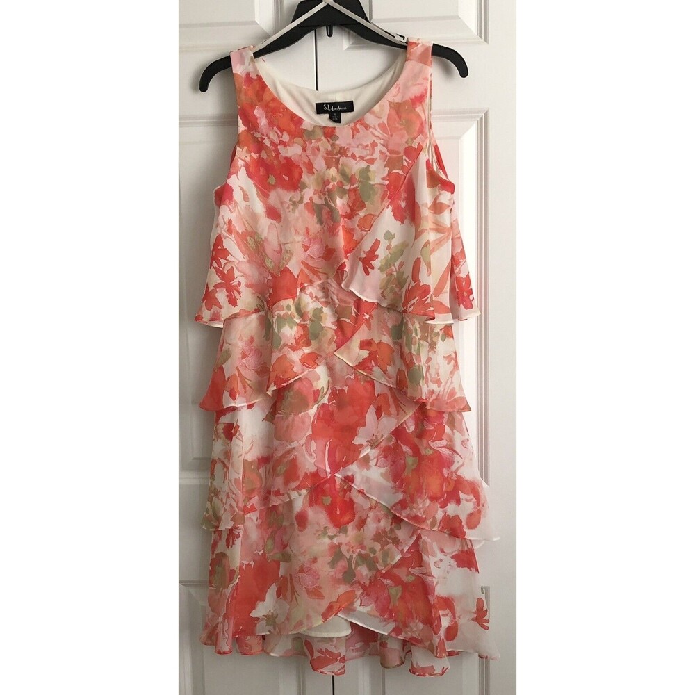 S.L. Fashions Women's Dress Size 8 Layered Spring Floral Print Sleeveless %%